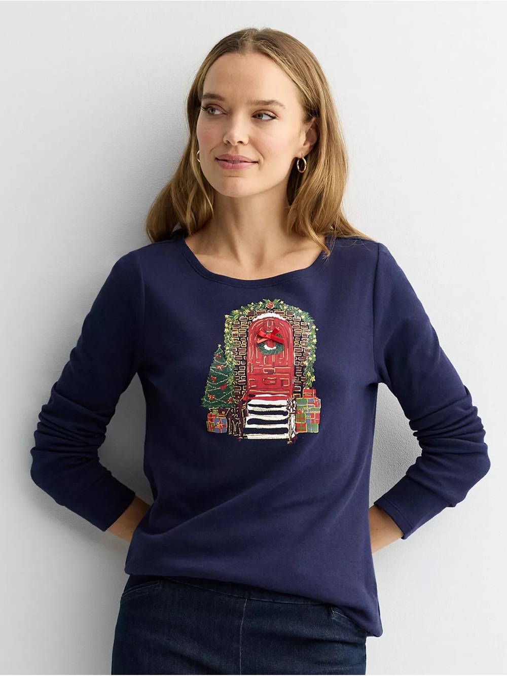 Croft & Barrow Christmas Front Door Graphic Long Sleeve Tee M NWT